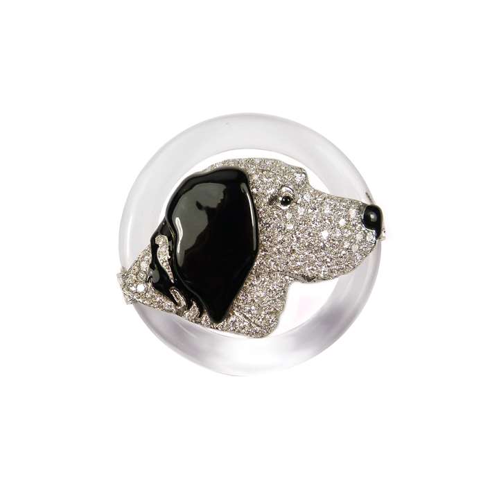 Diamond, rock crystal and black enamel dog's head brooch